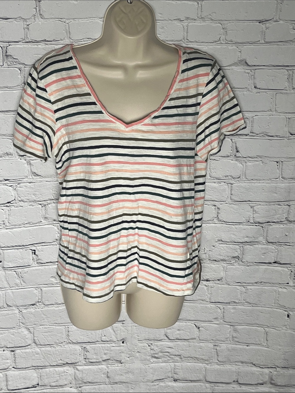 Splendid Striped V-Neck Short Sleeve Tee in White, Pink & Black